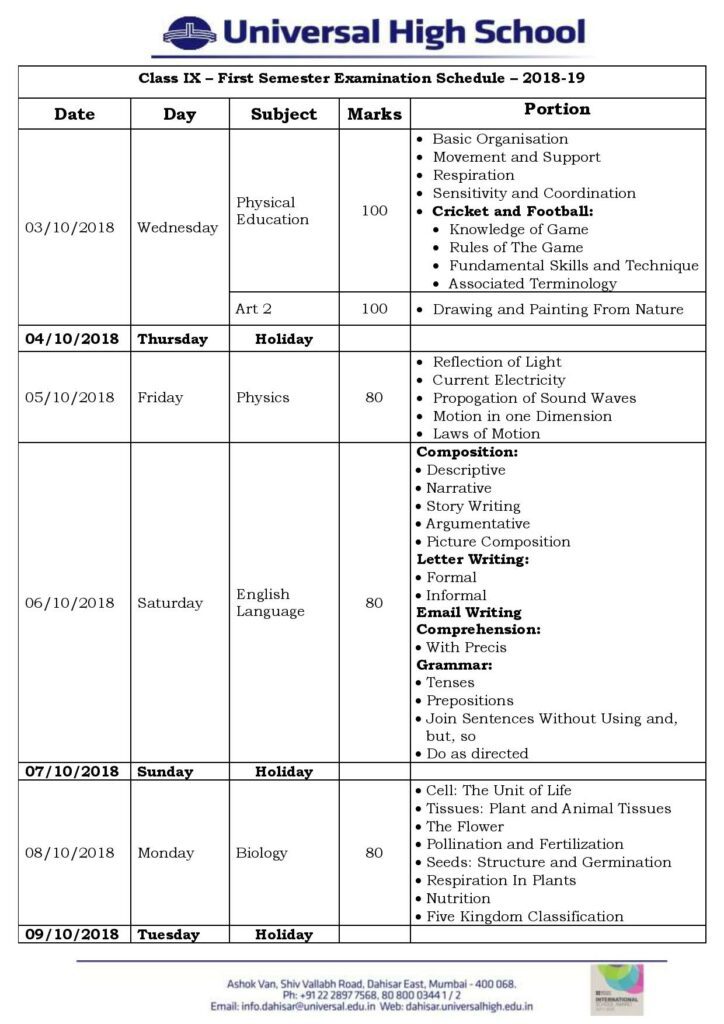 Class IX – First Semester Examination Schedule – 2018-19 | Universal ...